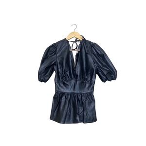New York & Company Womens Black Faux Leather Puff Sleeve Peplum Top XS Tie Back